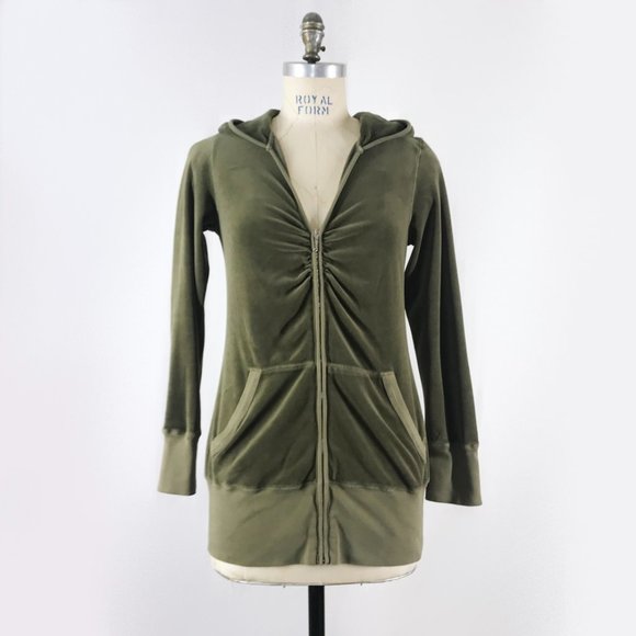 Vintage Juicy Couture Hoodie Olive Green Velour Long Y2K Zip Front Jacket - Picture 10 of 10
